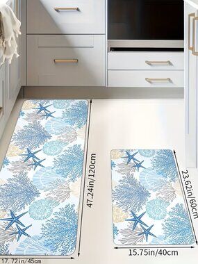 SET of 2 - Bathroom Kitchen Rugs - Starfish Seashell Design- Costal Home Decor